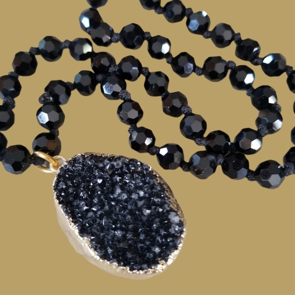 Hand Crafted Glass Bead Necklace With Natural Black Druzy Crystal Pendant - Picture 5 of 16